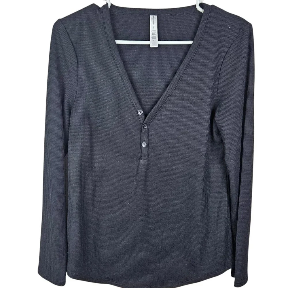Athleta Wind Down Black Henley Style Long Sleeve Top Waffle Knit Size Medium